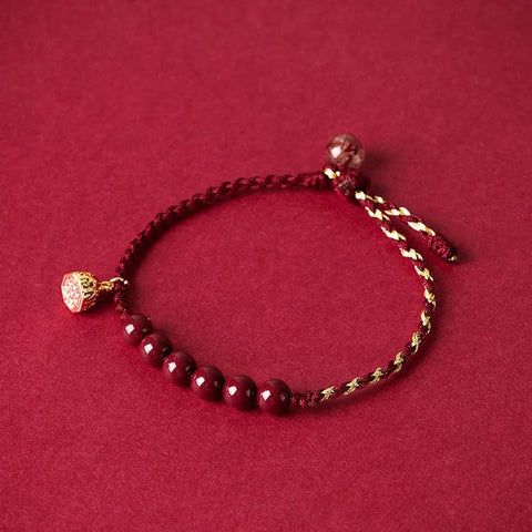 Handmade Braided Red String Lucky Bracelet with Cinnabar and Gold Plated Lotus