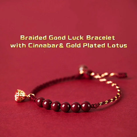 Handmade Braided Red String Lucky Bracelet with Cinnabar and Gold Plated Lotus