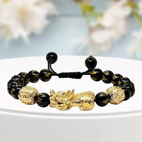 Feng Shui Pixiu Bead Bracelets for Women, 8mm Black Obsidian Wealth Bracelet