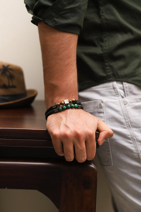 Tiger's Eye Braided Bracelet, Om Charm Bracelet, Black Leather Bracelet