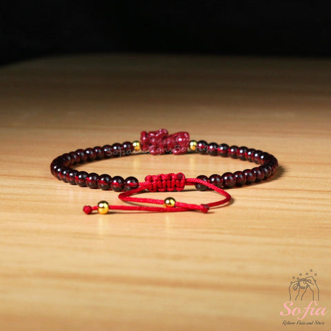 Natural Borgoña Granate Piedra Pixiu Encanto Pulsera Dainty - Granate Rojo Piedra Preciosa Pi Yao Pulsera Minimalista Regalo para ella