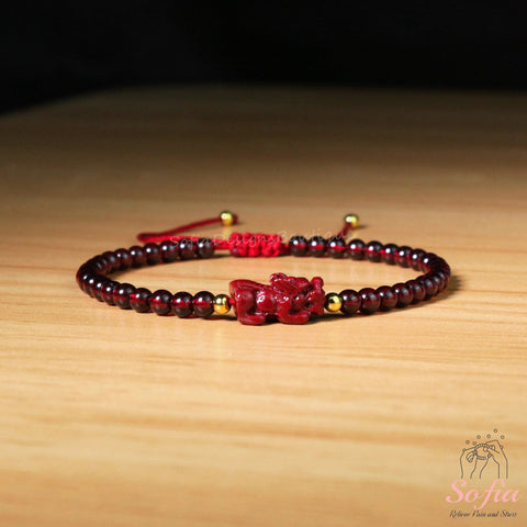 Natural Borgoña Granate Piedra Pixiu Encanto Pulsera Dainty - Granate Rojo Piedra Preciosa Pi Yao Pulsera Minimalista Regalo para ella