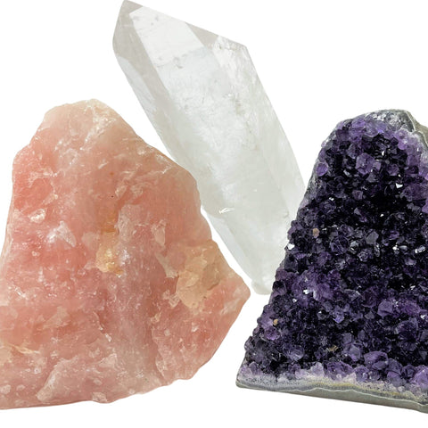 Crystal Healing Set - Amethyst Cut Base, Clear Quartz Crystal Point & Rose Quartz Crystal (Beautiful Healing Energy Set, Home Decor)