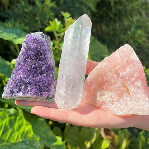 Crystal Healing Set - Amethyst Cut Base, Clear Quartz Crystal Point & Rose Quartz Crystal (Beautiful Healing Energy Set, Home Decor)