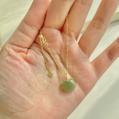 Lucky Guardian Cat Jade Necklace, Adjustable Dainty Minimalist Choker, Cat-themed Lover Gift