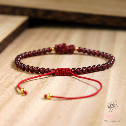 Natural Burgundy Garnet Stone Pixiu Charm Dainty Bracelet - Red Garnet Gemstone Pi Yao Minimalist Bracelet Gift for her