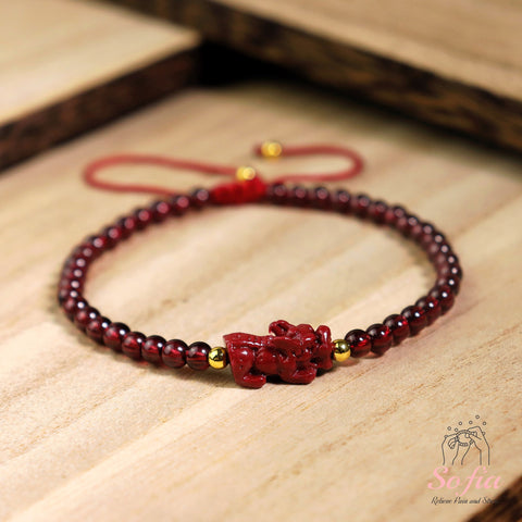 Natural Burgundy Garnet Stone Pixiu Charm Dainty Bracelet - Red Garnet Gemstone Pi Yao Minimalist Bracelet Gift for her