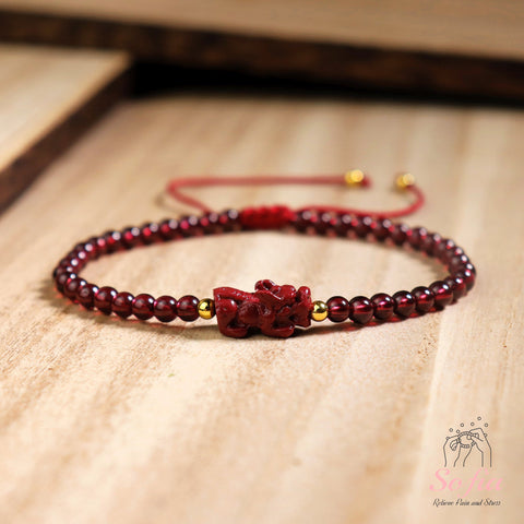 Natural Burgundy Garnet Stone Pixiu Charm Dainty Bracelet - Red Garnet Gemstone Pi Yao Minimalist Bracelet Gift for her