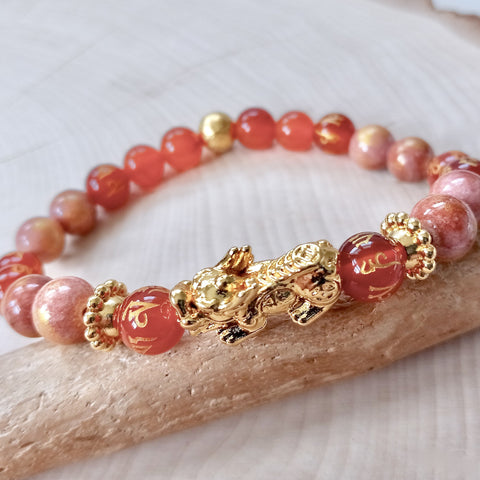 Pixiu Bracelet with Red Orange Agate & Pink Jade, Gold Plated Pixiu Dragon