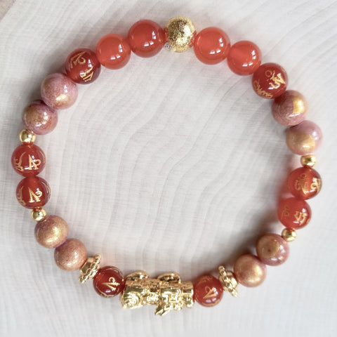 Pixiu Bracelet with Red Orange Agate & Pink Jade, Gold Plated Pixiu Dragon