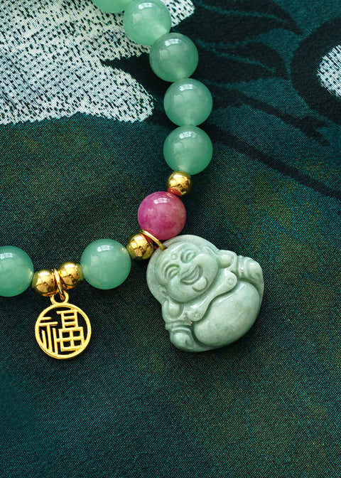 Jade Buddha Bracelet with Lucky Fu Charm, Good Fortune and Happiness