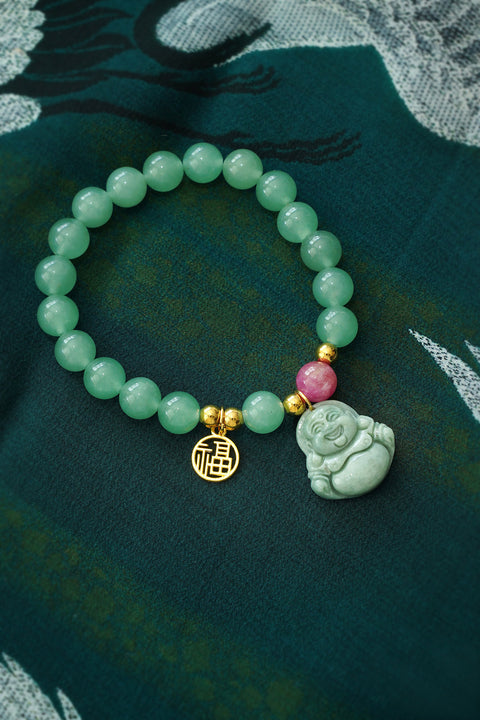 Jade Buddha Bracelet with Lucky Fu Charm, Good Fortune and Happiness