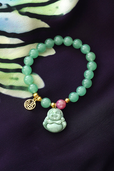 Jade Buddha Bracelet with Lucky Fu Charm, Good Fortune and Happiness