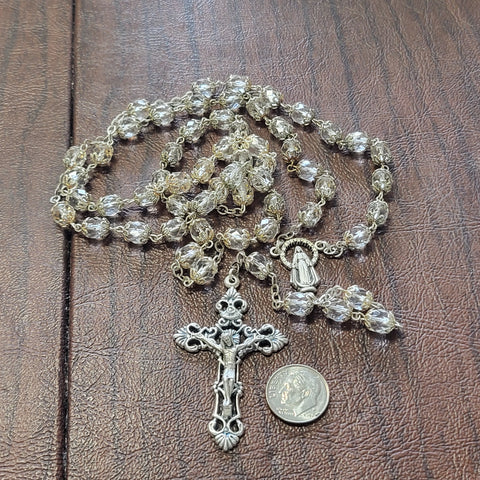 Silver Plated Crucifix， Vintage Italian Crystal Bead Rosar