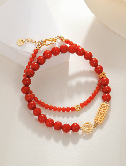 A grade Red Agate Bracelet Gold Plated Chinese Coin Bracelet