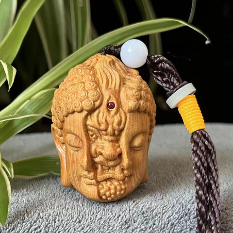 Wood Buddha Hand carved head Tibetan Pendant Tibetan Necklace Meditation Feng Shui talisman