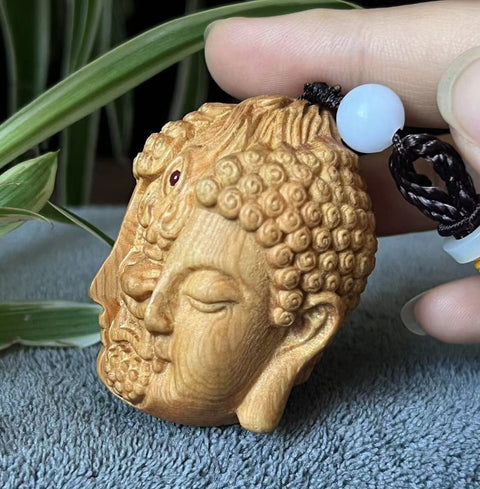 Wood Buddha Hand carved head Tibetan Pendant Tibetan Necklace Meditation Feng Shui talisman