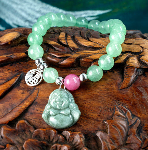 Jade Buddha Bracelet with Lucky Fu Charm, Good Fortune and Happiness