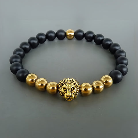 Lion Bracelet, Gift for Him, Mens Gold & Black Bracelet, Men's Jewelry