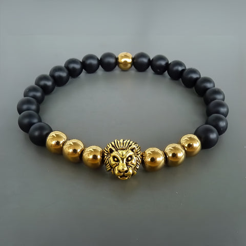 Lion Bracelet, Gift for Him, Mens Gold & Black Bracelet, Men's Jewelry