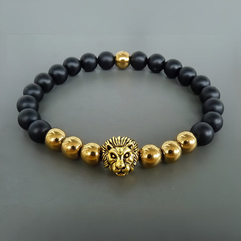 Lion Bracelet, Gift for Him, Mens Gold & Black Bracelet, Men's Jewelry