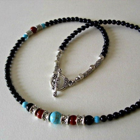 Mens Beaded Necklace, Black Onyx, Howlite Turquoise, Red Jasper