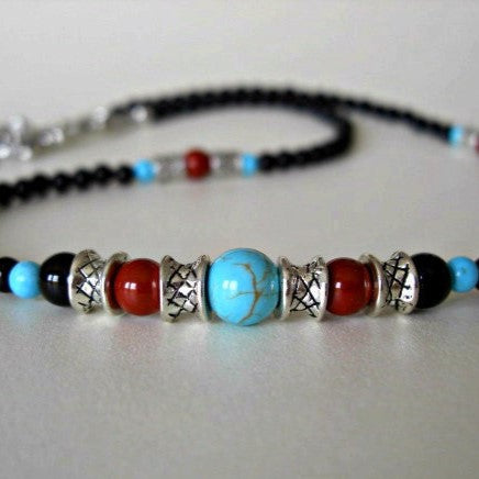 Mens Beaded Necklace, Black Onyx, Howlite Turquoise, Red Jasper