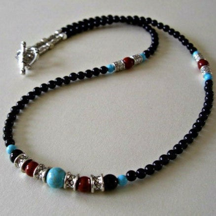 Mens Beaded Necklace, Black Onyx, Howlite Turquoise, Red Jasper