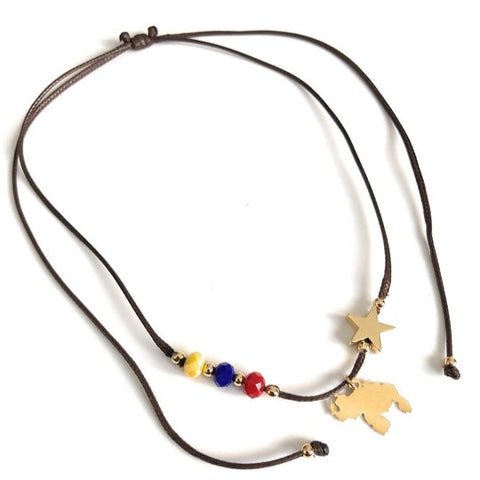 Adjustable Brown Cord Venezuela Tricolor Map and Star Necklace