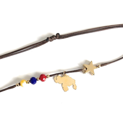 Adjustable Brown Cord Venezuela Tricolor Map and Star Necklace