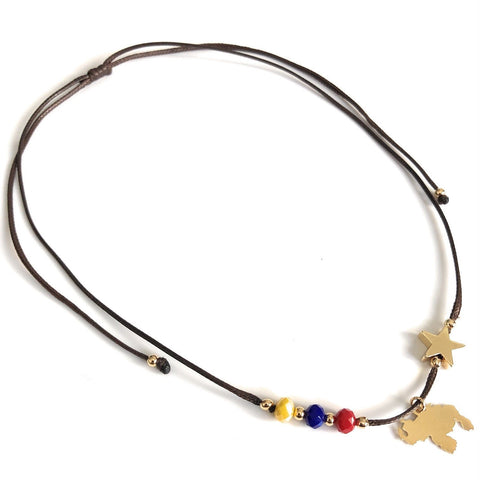 Adjustable Brown Cord Venezuela Tricolor Map and Star Necklace