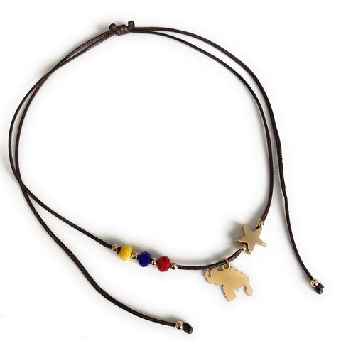 Adjustable Brown Cord Venezuela Tricolor Map and Star Necklace