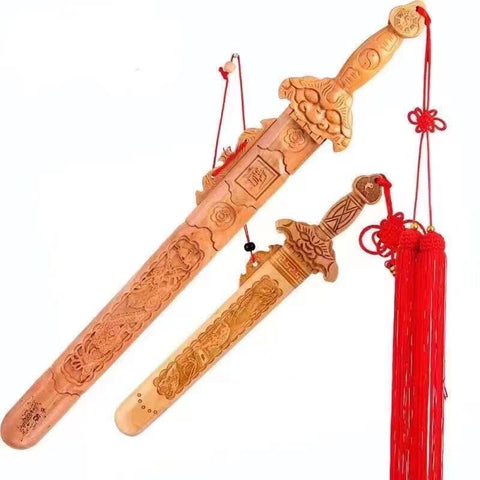 Peach Wood Sword Feng Shui Ornament: Home Auspicious Hanging Decor with Dragon and Tiger Design, Enhances Positive Energy and Harmony