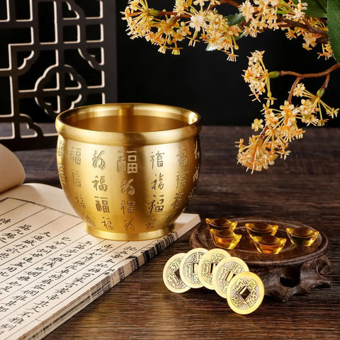 Feng Shui Treasure Bowl Vat Brass Copper Offering Bowl Small Serving Dessert Bowls Wealth Figurine Attract Wealth and Good Luck