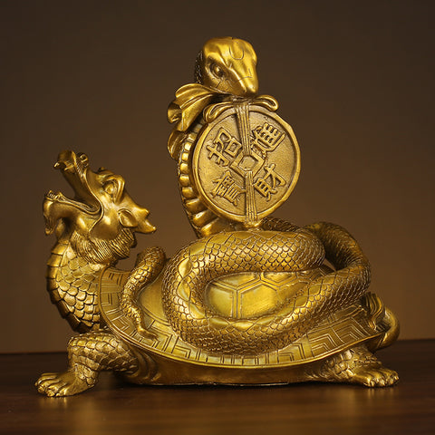 Brass Dragon Turtle Xuanwu Statue: Home Guardian, Wealth and Prosperity Feng Shui Ornament