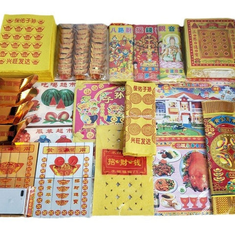 Productos Joss completos del Festival Qingming: Juego de ofrendas ancestrales: incluye papel Joss, notas celestiales y kits completos de quema para ceremonias tradicionales