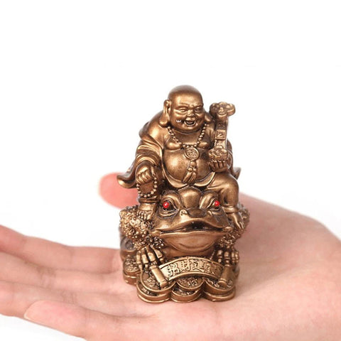 LUCKY Feng Shui Maitreya Buddha Statue Toad Figurine Money Fortune Wealth Chinese Golden Frog Home Office Tabletop Decoration